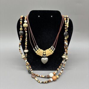 Vintage Boho Beaded Necklace Lot Long Stone Look Beads & Heart Pendant Jewelry